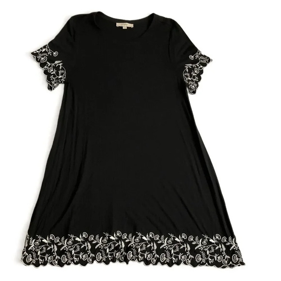 Loft Black Short Sleeve Embroidered‎ A Line Dress Size Large - Picture 1 of 7